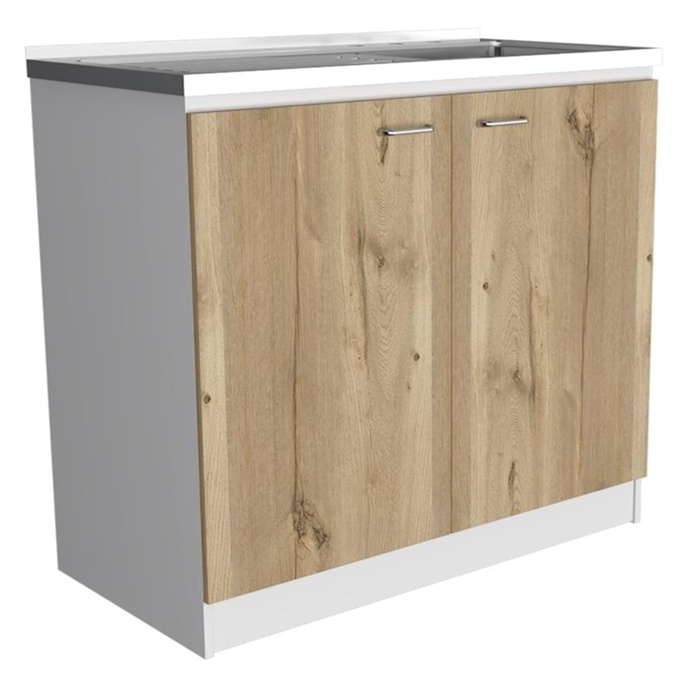 TUHOME Napoles Utility Sink  Two Shelves  Two-Door Cabinet  Countertop- White/Light Oak  For Kitchen Room
