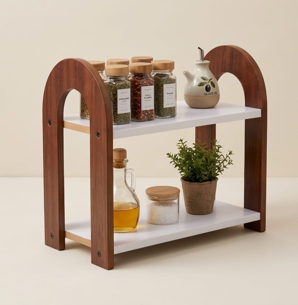 Firebees 2 Tier Kitchen Counter Organiser | Wooden Kitchen Organizer Rack | Spice Rack | Kitchen Stand Organiser | Masala Organi