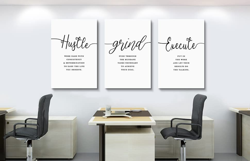 Framed Canvas Wall Art Hustle Quote, Office Wall Art, White Large Poster, Positive Motivational Set Of 3 Prints, Execute Hustle