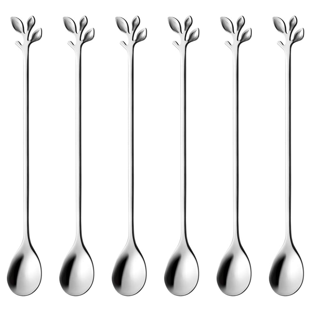 Ansaw 6.5 '' Elegant Leaf-Design Silver Coffee & Tea Spoons Set Of 6- Long Handle Stainless Steel Stirring Spoons For Espresso,