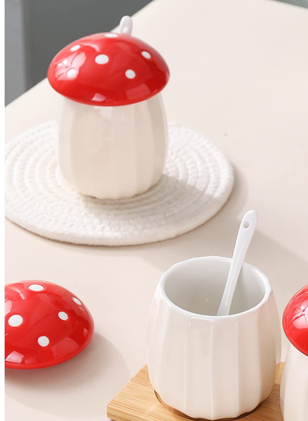 Mozacona Ceramic Mushroom Shape Sugar Bowl Spice Jar Seasoning Pot With Lid Spoon