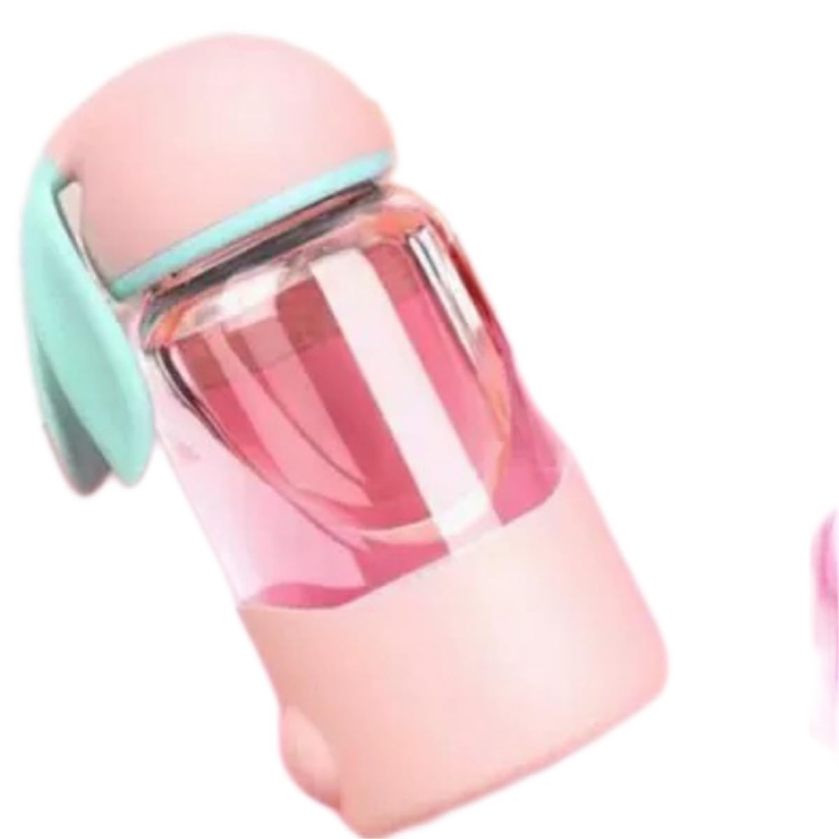 JuveWellness Cute Rabbit Ear Glass Water Bottle, 340ml, with Silicone Sleeve and PP Lid, LeadFree, Purple (pink)