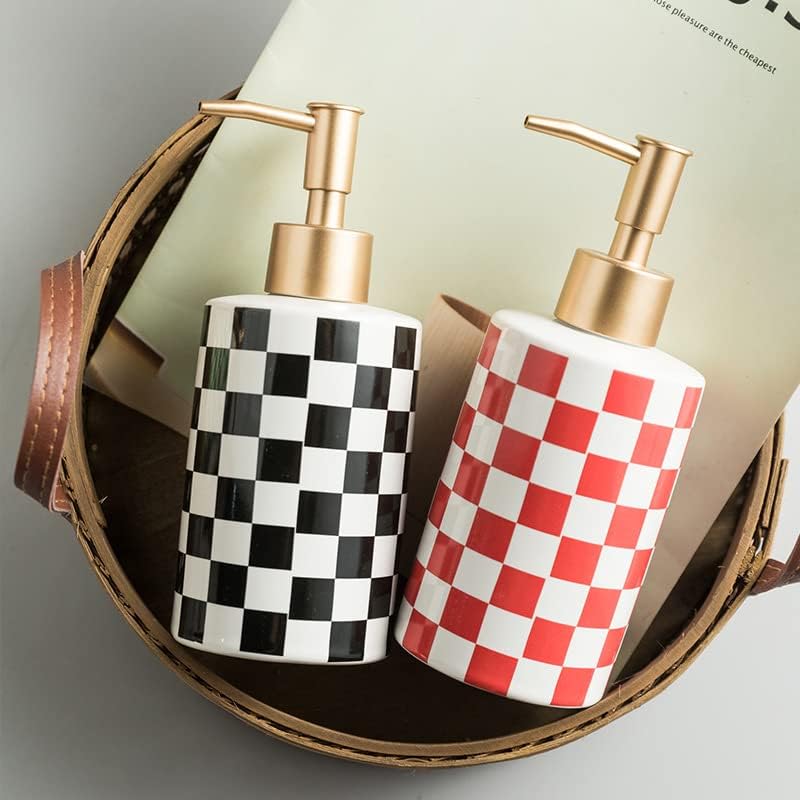 Checkered Ceramic Soap Dispenser With Rust Proof Gold Matte Pump Decorative Soap Dispenser For Bathroom Or Kitchen (Black & Whit
