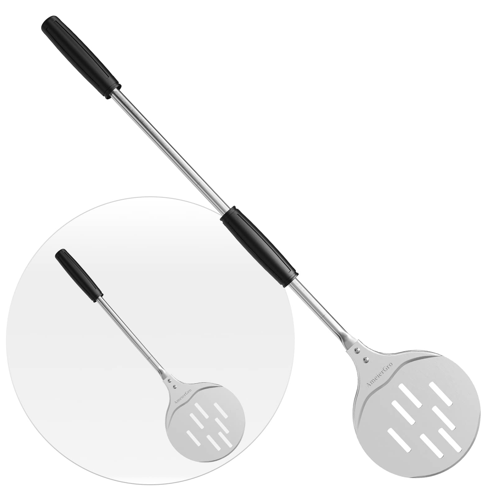 Ameiergro Pizza Turning Peel, Perforated Pizza Peel Turner, Adjustable Long Handle Pizza Spatula, Pizza Paddle Harden Anodizing,