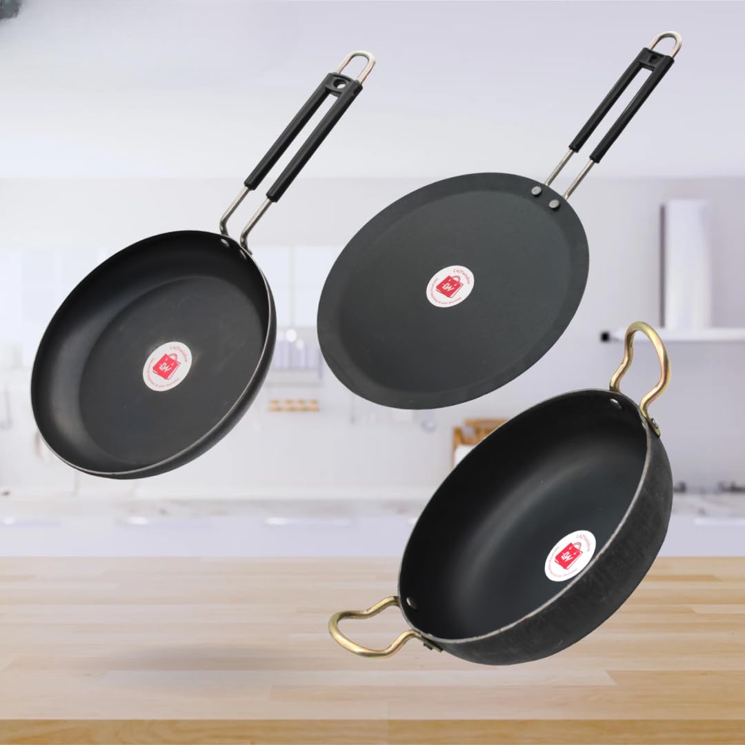 Lazywindow Traditional Cookware Set, Iron Fry Pan, Tawa, Deep Bottom Kadhai, Black Base,25 Cm,21 Cm