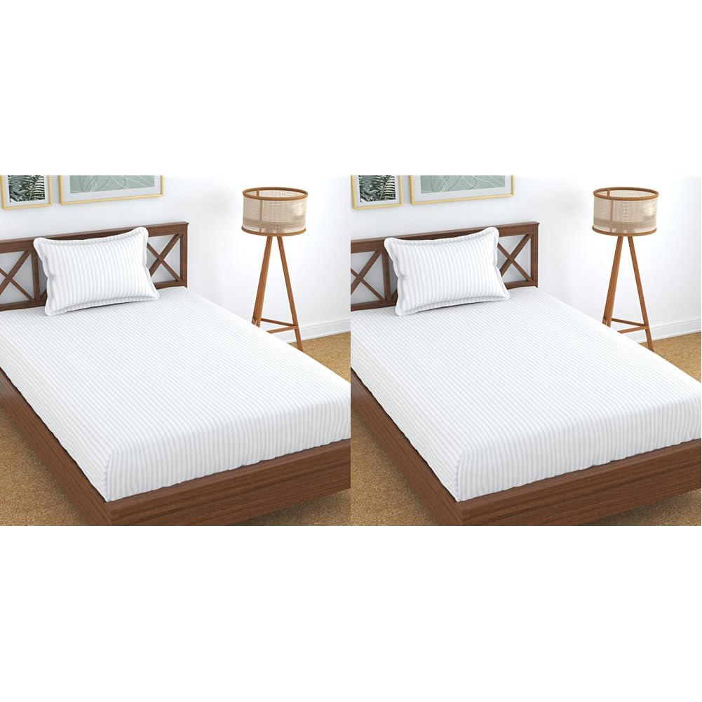 Homefab India 160 Tc Stripe Glace Cotton Single Bedsheet With 1 Pillow Cover - White (Pack Of 2)