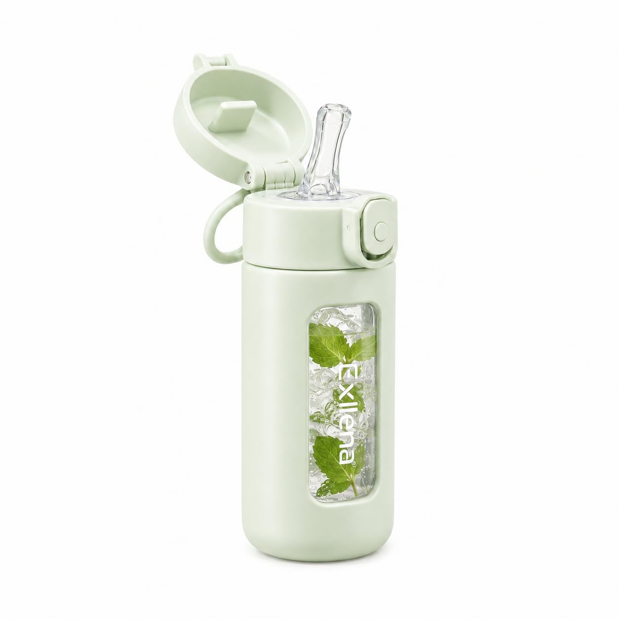 Exllena 7oz Mini Glass Water Bottle with Straw Lid, Borosilicate Glass Cup with Carry Handle, Lockable PopUp Lid, Measurement M