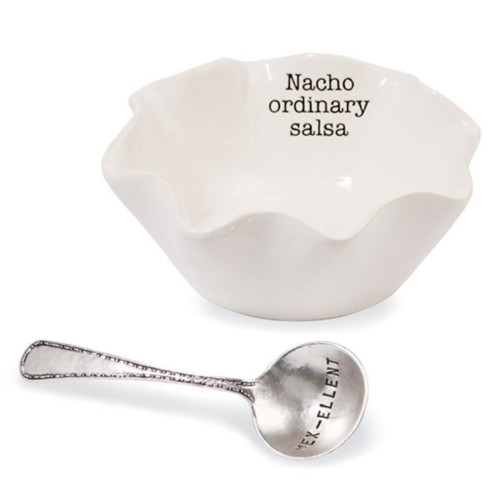 Mud Pie Salsa Ceramic Dip Cup Set, Nacho, White & Silver