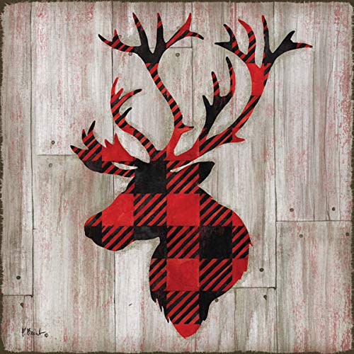 Gango Home D  Cor Beautiful Contemporary Red And Black Flannel Pattern Deer And Buck Silhouettes; Lodge Decor; Two 12X12In Paper