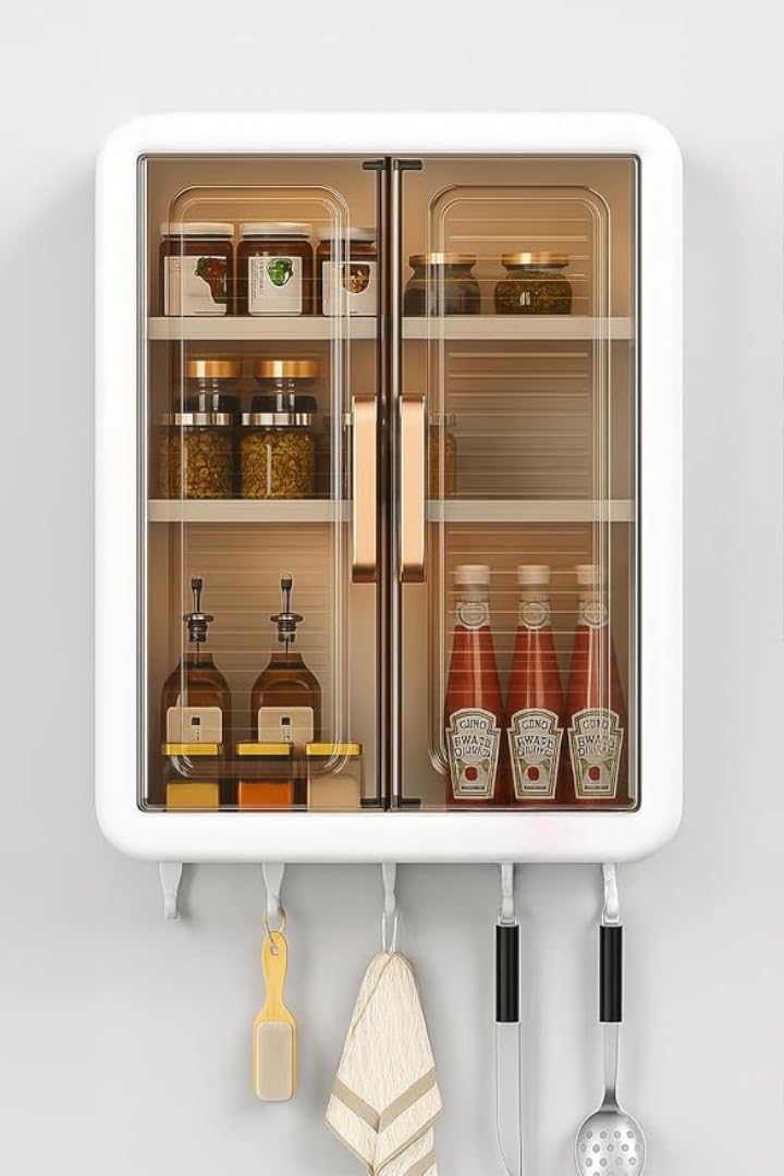 Shridhika Collection 3 Layer Self Adhesive Wall Mounted Storage Cabinet With Doors, No Drill Space Saving Organizer For Kitchen 