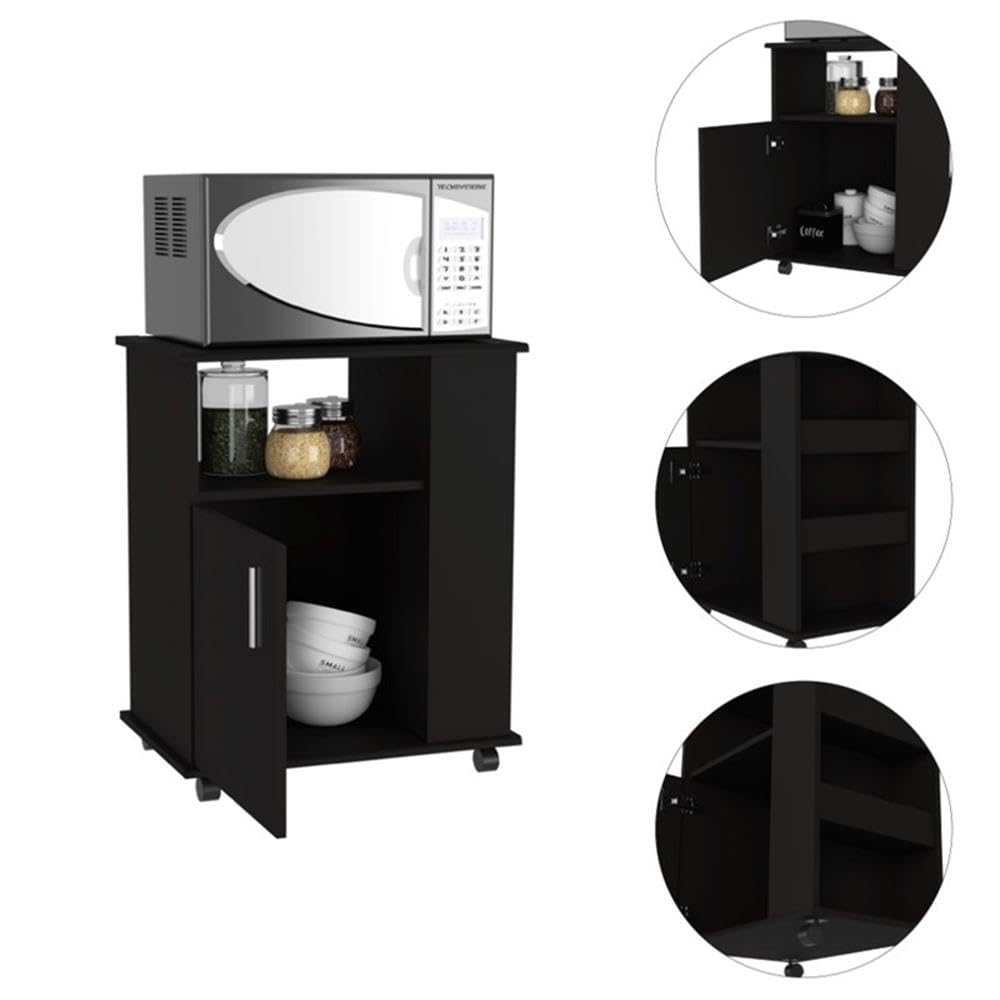 TUHOME Kit Lower Microwave Cabinet  One-Door Cabinet  Three Lateral Shelves  Two Internal Shelves  Countertop For Microwave  Black  For Kitchen Room