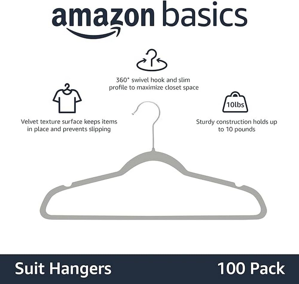 Amazon Basics Slim, Velvet, Non-Slip Suit Clothes Hangers, Gray/Silver - Pack Of 100