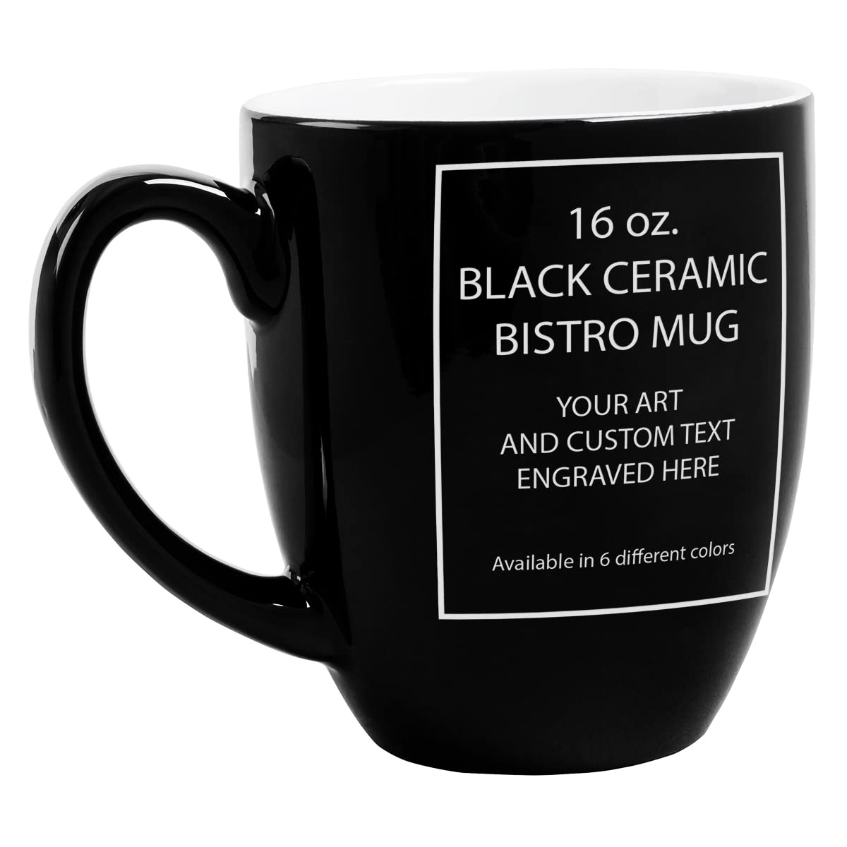 Plaquemaker Custom Ceramic Bistro Coffee Mug, Personalized Laser-Engraved Text, 16 Ounces (Black)