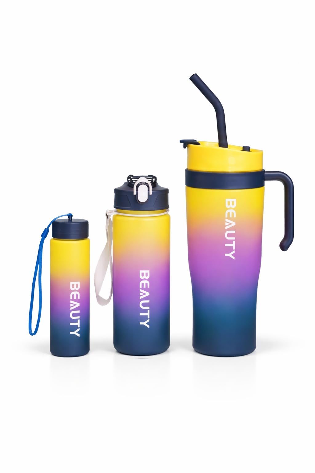 Water Bottle Set With Straw And Flip Lid, Gradient Design Drinking Bottles With Handle And Strap