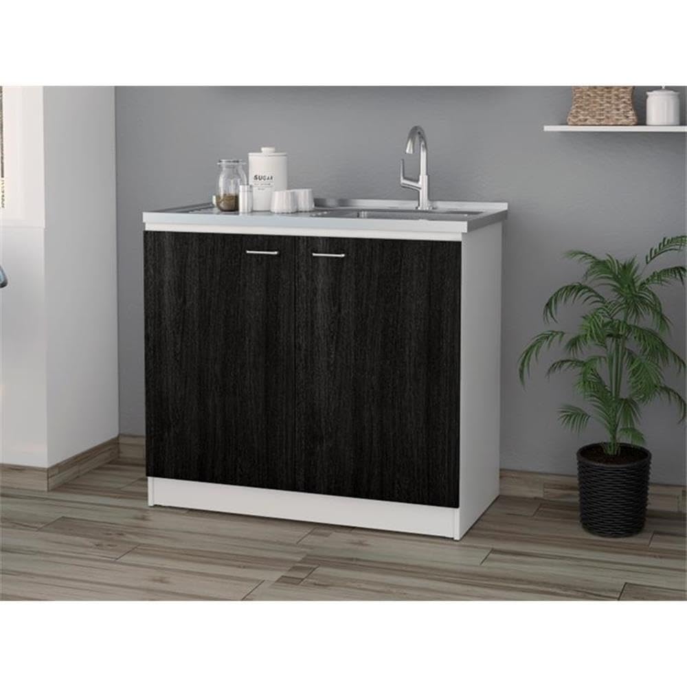 TUHOME Napoles Utility Sink With Cabinet  Aluminium Countertop  Two-Door Cabinet  Metal Handle  Sink  Two Shelves  Black  For Kitchen Room