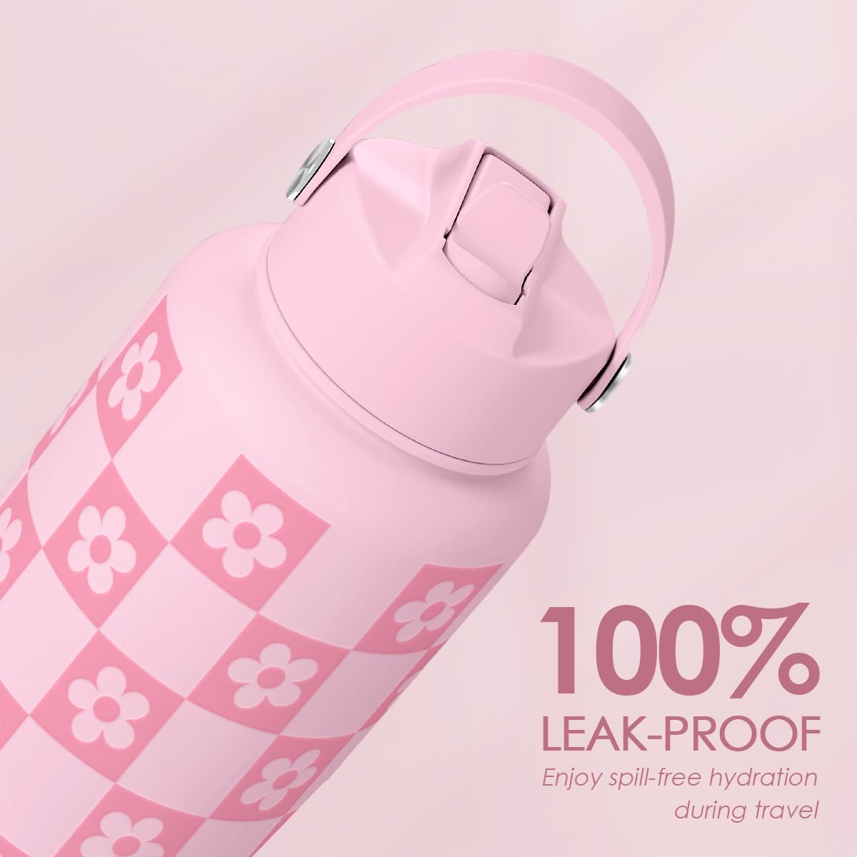 Checker Daisy Water Bottle 32oz Stainless Steel with Lid & Straw, Checkerboard Insulated Bottles Gifts for Women Girls Friends,