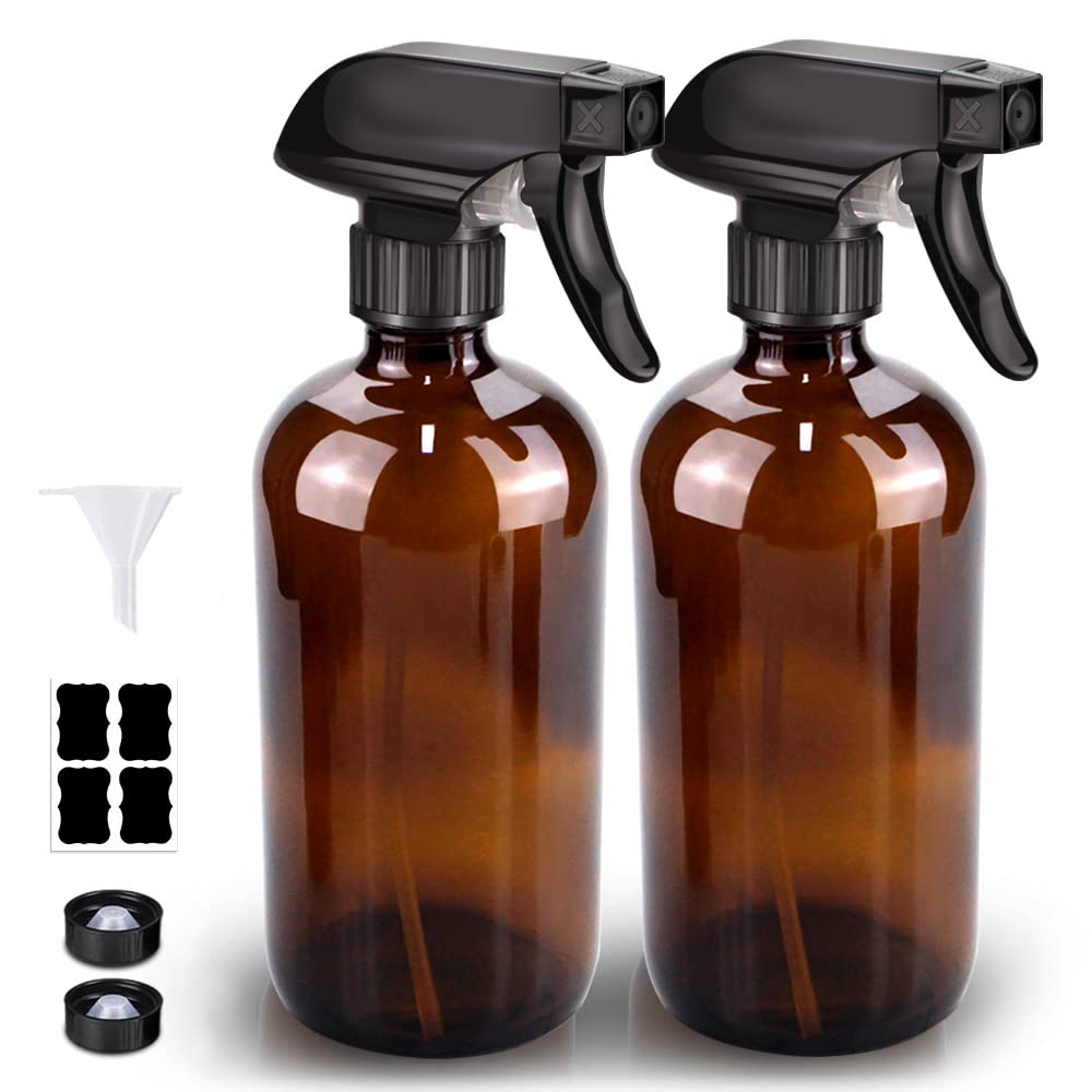 Bontip Glass Spray Bottle  Amber Bottle Set & Accessories for Non-toxic Window Cleaners Aromatherapy Facial Hydration Watering Flowers Hair Care (2 Pack/16oz) (Amber)