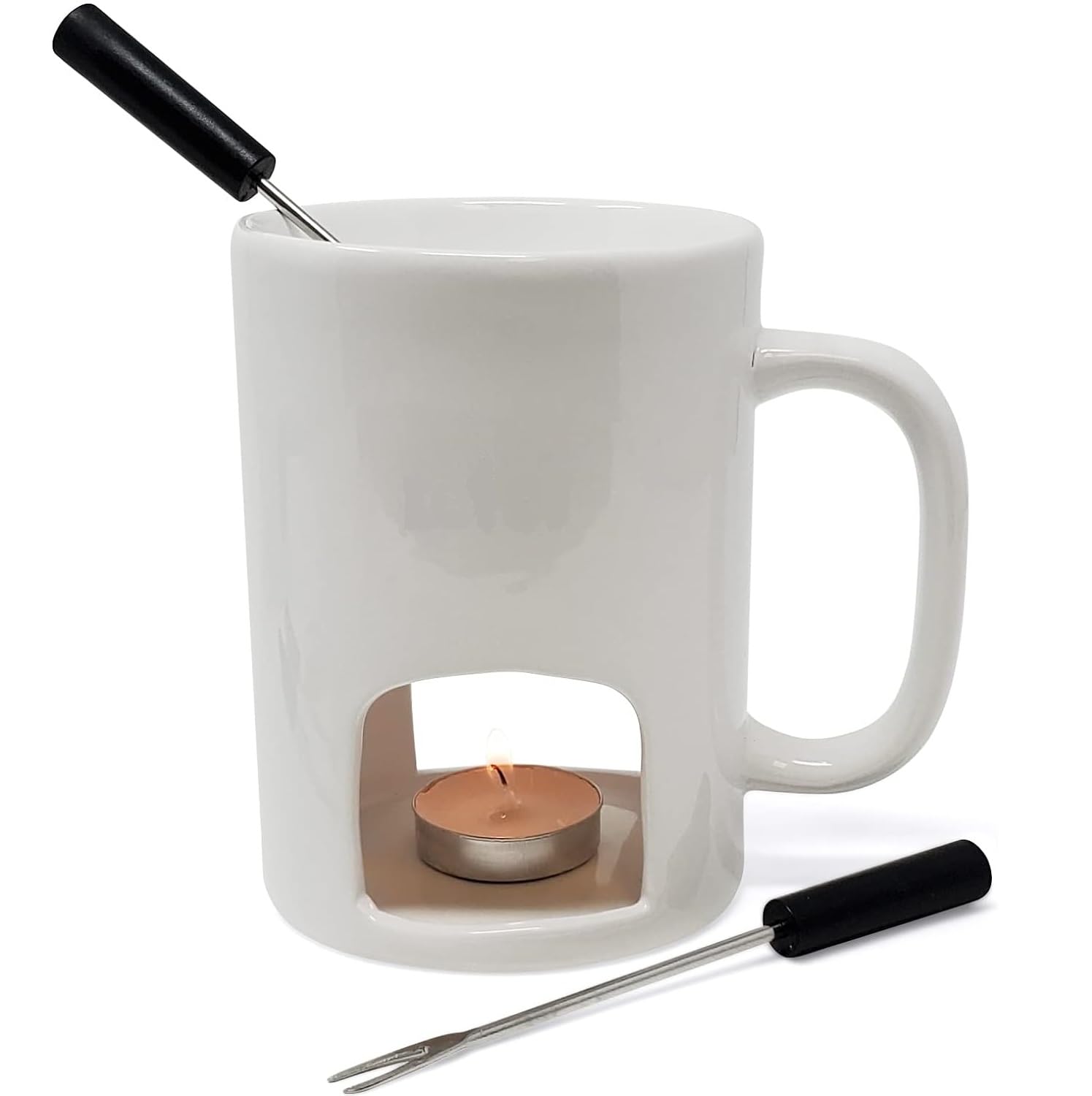 Kovot Ceramic Fondue Mugs Set of 2 - White with Forks & Tealights, Model KO-599