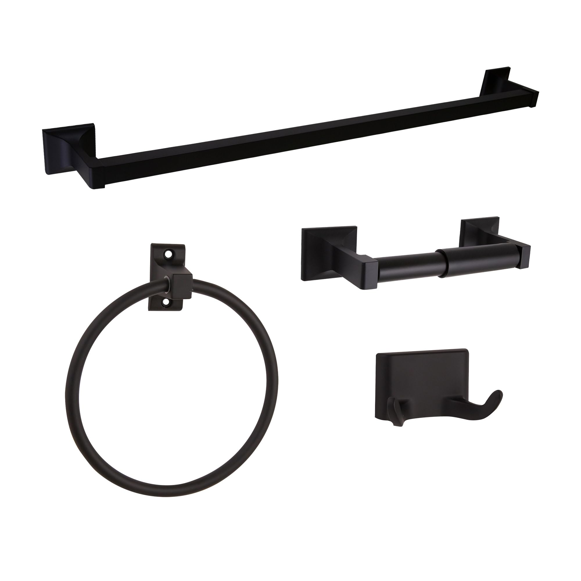 Millbridge 4-Piece Bathroom Accessory Set, Matte Black, Includes Towel Bar, Towel Ring, Toilet Paper Holder, And Robe Hook - Des