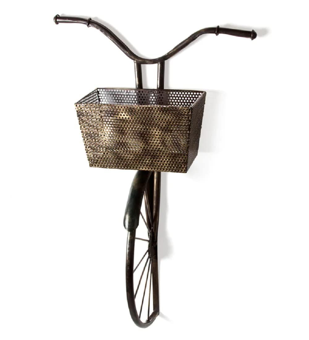 Nesfur Cycle With Golden Basket Metal Wall Art For Home Decor, Wall Mounting, Balcony Decorration, Corporate Gift, Size :21X10.5
