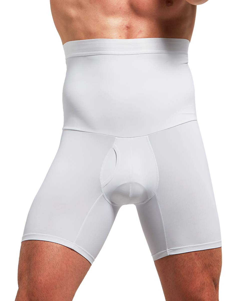 Quafort Men Tummy Control Shorts High Waist Slimming Shapewear Body Shaper Leg Underwear Briefs White
