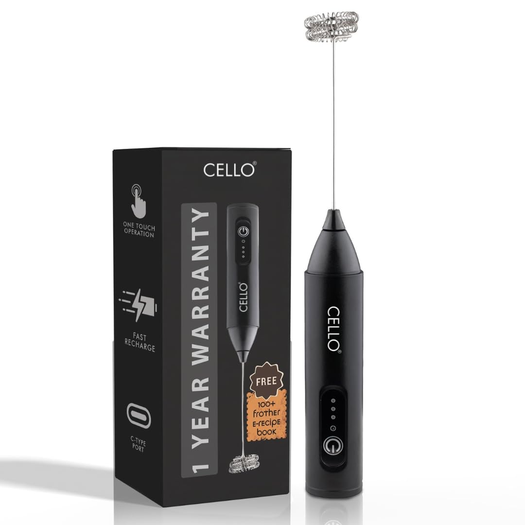 Cello Rechargeable Mini Hand Blender Milk Frother For Coffee With Dual Whisker Spring Tech | 1 Year Warranty | Handheld Electric