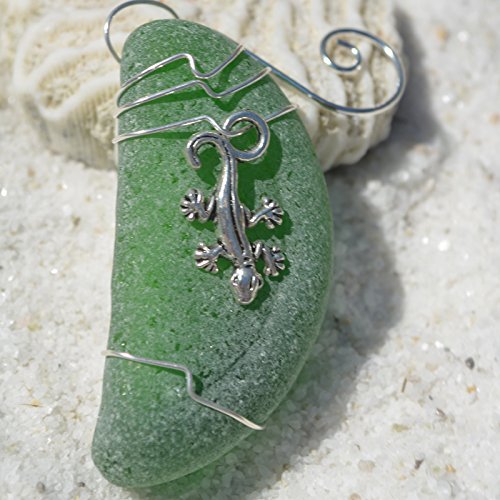 Genuine Green Sea Glass Ornament with a Lizard Charm - Made to Order