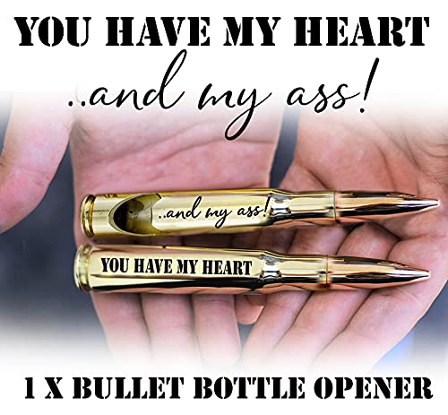 Funny Anniversary/Birthday Gifts for Boyfriend I Husband Birthday Gift - ''You have my Heart and my As!'' - 50 Cal Bottle Opener I Cute Couples Anniversary for Boyfriend from Girlfriend