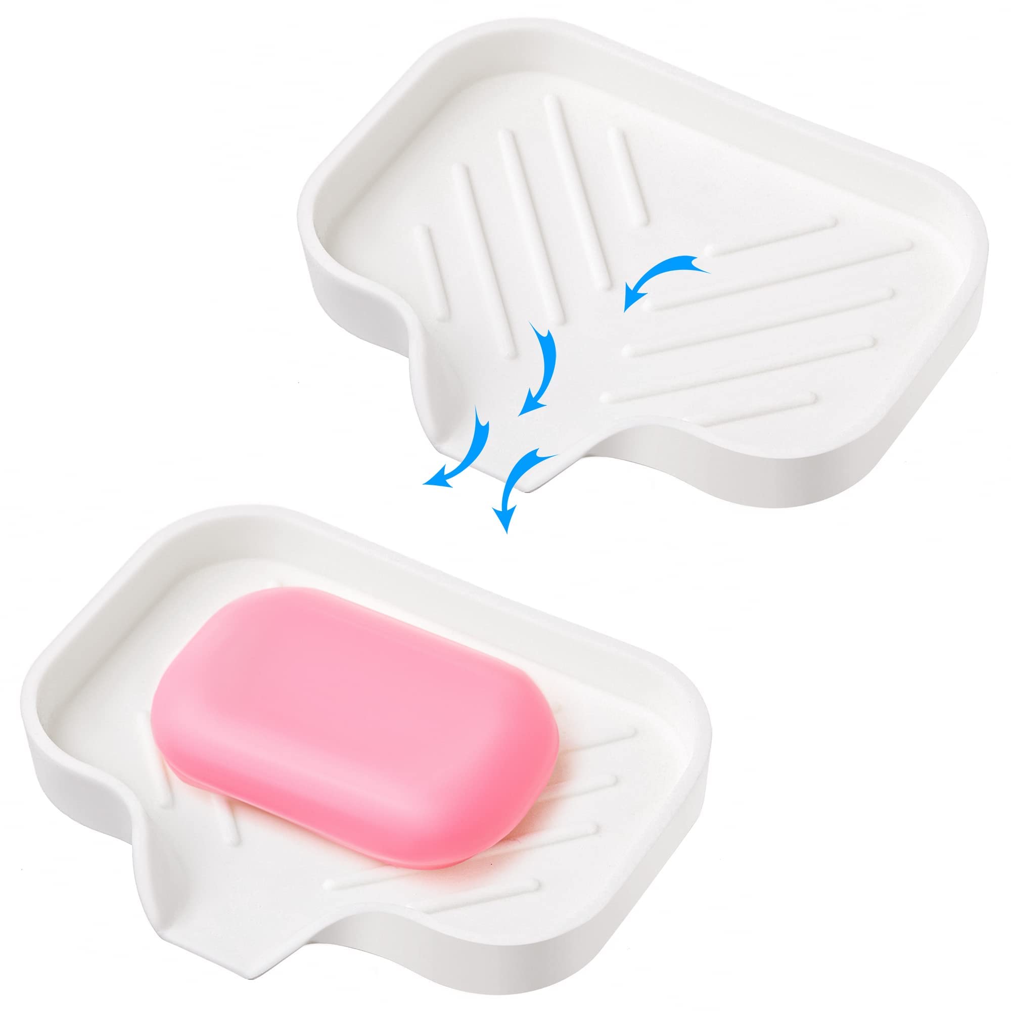 2 Pcs White Silicone Self Draining Rectangular Soap Dishes - Waterfall Soap Trays - Soap Dishes For Bar Soap - Soap Boxes - Soap
