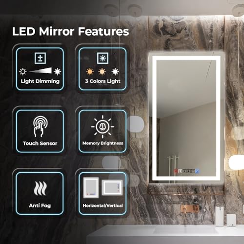 Dimmable LED Bathroom Mirror 18'' x 40'' Front and Backlit Anti-Fog Memory Brightness  Three Color Options Wall Mounted Rectangle Lighted Mirror for Vanity (Horizontal/Vertical) Frameless Wall Mirror