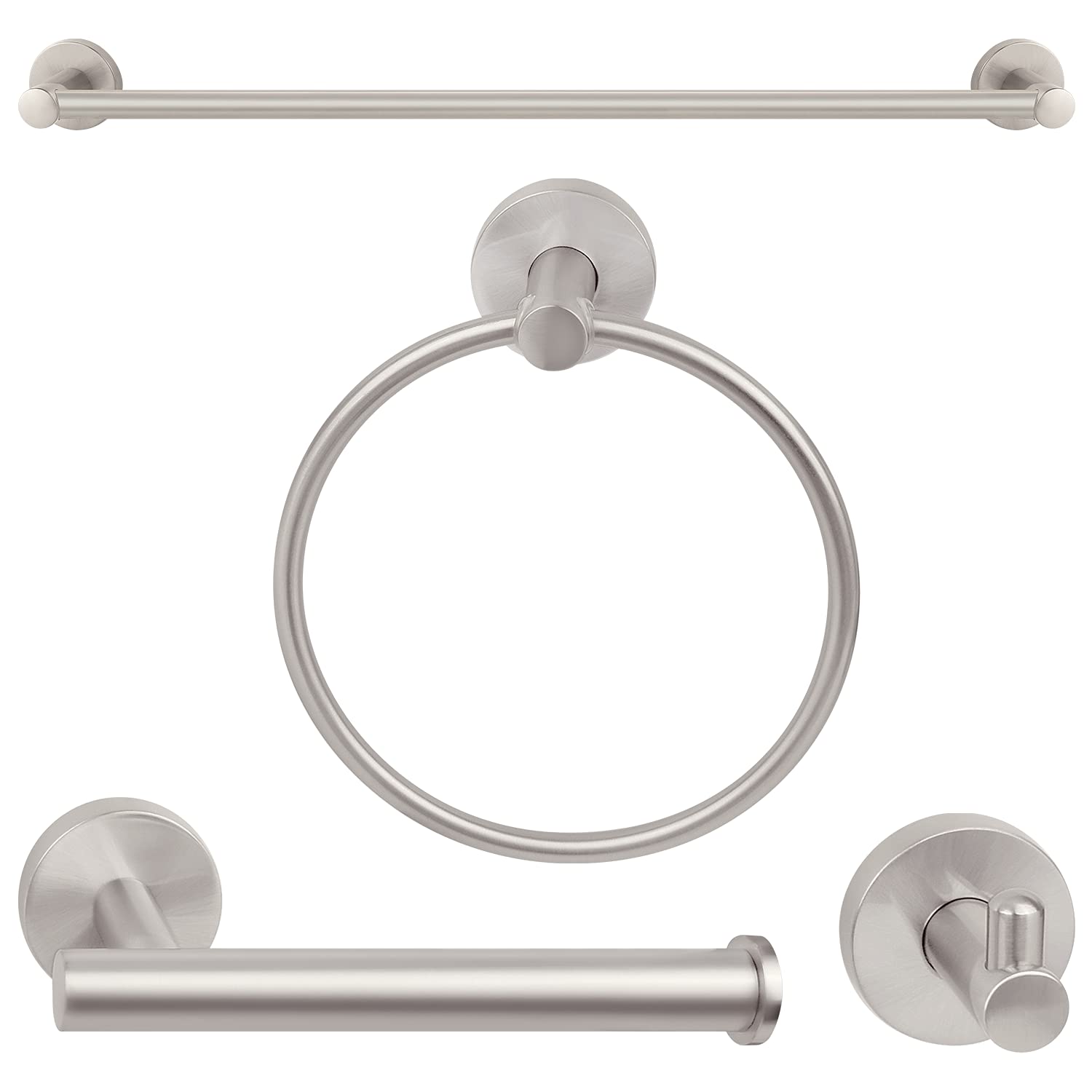 Nuk3Y Luna Modern Round 4 Piece Bathroom Hardware Towel Bar Accessory Set (24'' Set, Satin Nickel)
