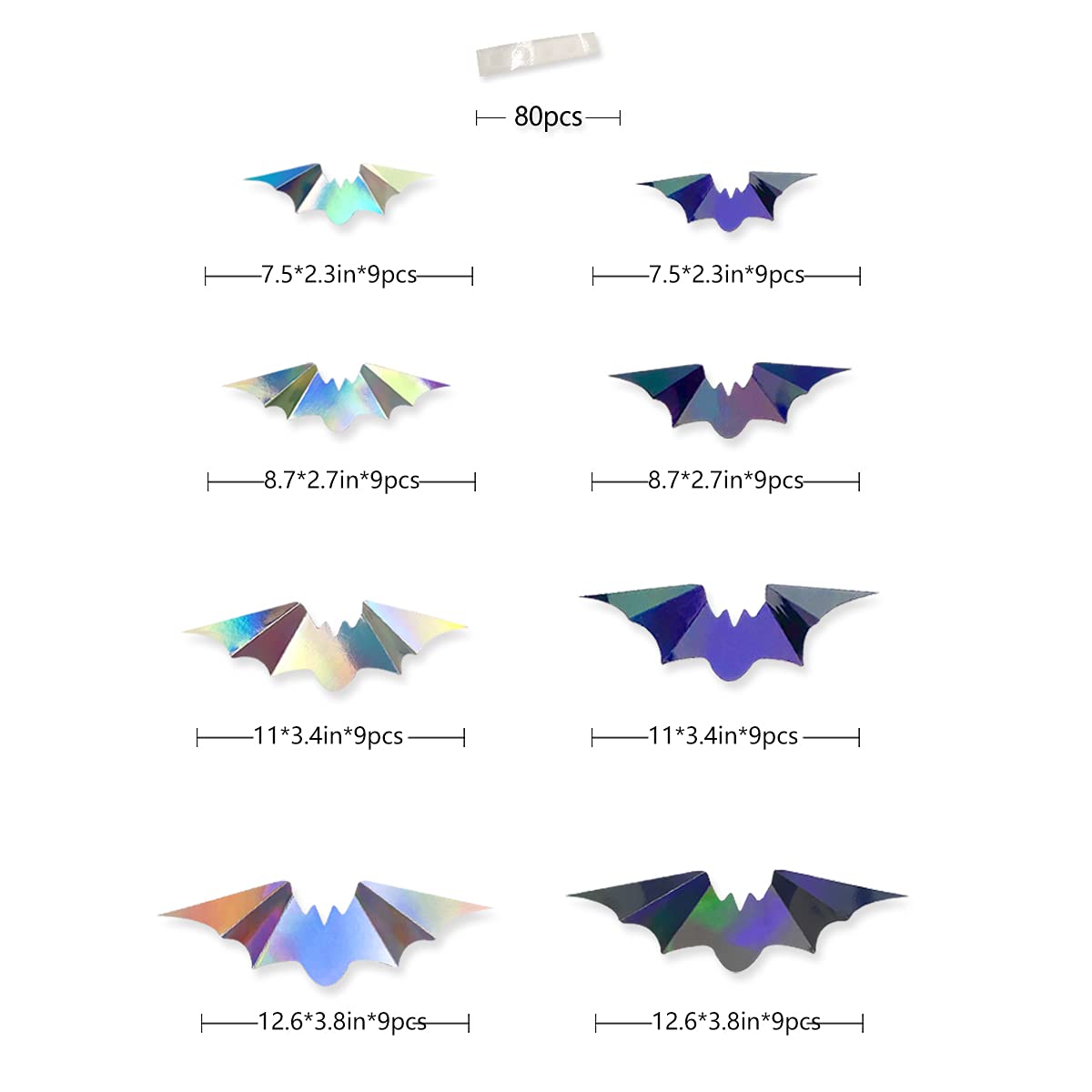 72Pcs Bats Halloween Decoration Iridescent 3D Bats Wall Decor Black Silver Holographic Paper Decorative Bat Wall Art Decals Stic