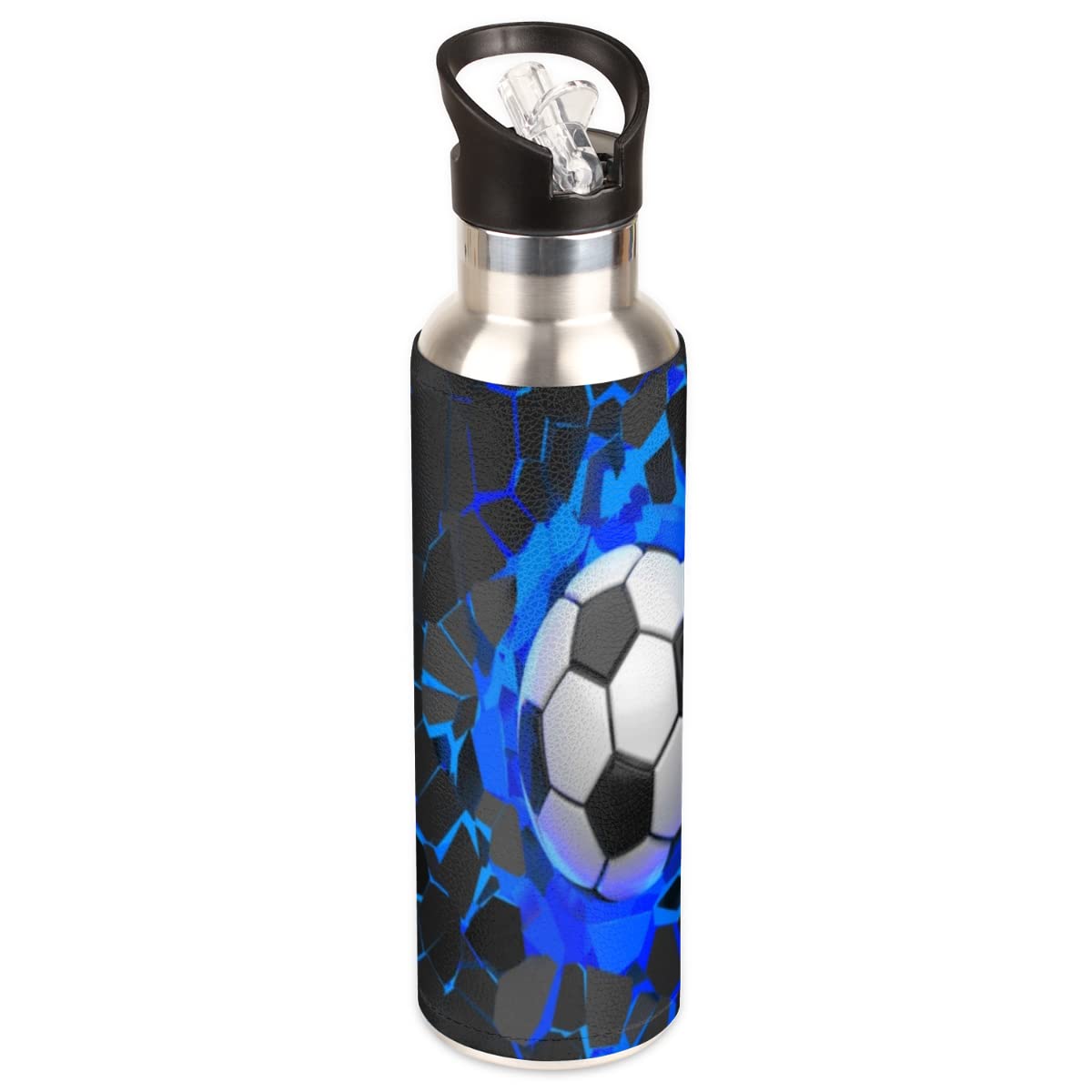 YoCosy Insulated Stainless Steel Water Bottle with Straw 20oz Blue Black 3d Sport Soccer Football Sports Water Bottles BPA Free 