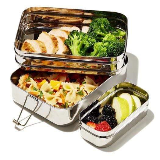 Ecolunchbox Three-In-One Stainless Steel Bento Box - 2 Levels - Plus Snack Container - Size Giant - Holds 8 Cups Of Food - Not L