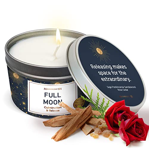 Magnificent 101 Long Lasting Full Moon Aromatherapy Candle With Sage, Frankincense, Sandalwood, Rose & Cedar  6 Oz - 35 Hour Bur
