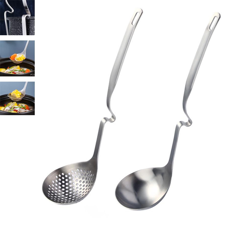 ZDFQly Soup Ladle, 304 Stainless Gravy Ladle and Slotted Spoons with Holes