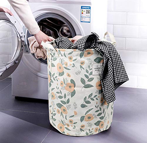 Uujoly Collapsible Laundry Hamper Basket, With Handles Waterproof Round Cotton Linen Printing Household Organizer Basket, 19.7X1