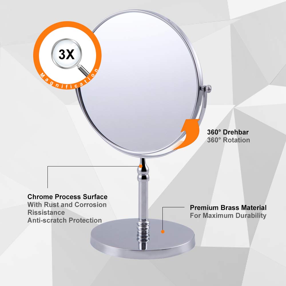 Kimzcn 8-Inch Large Double Sided Swivel Vanity Mirror With 3 X Magnification, Oval Shaped Two-Sided Makeup Mirror, Bathroom Tabl