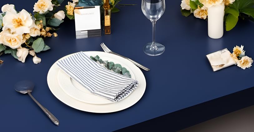 Infei Plain Striped Cotton Linen Blended Dinner Cloth Napkins - Set Of 12 (40 X 30 Cm) - For Events & Home Use (Navy)