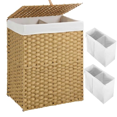 Greenstell Laundry Hamper No Install Needed, Divided Clothes Hamper With 2 Removable Liner Bags, 90L Handwoven Synthetic Rattan