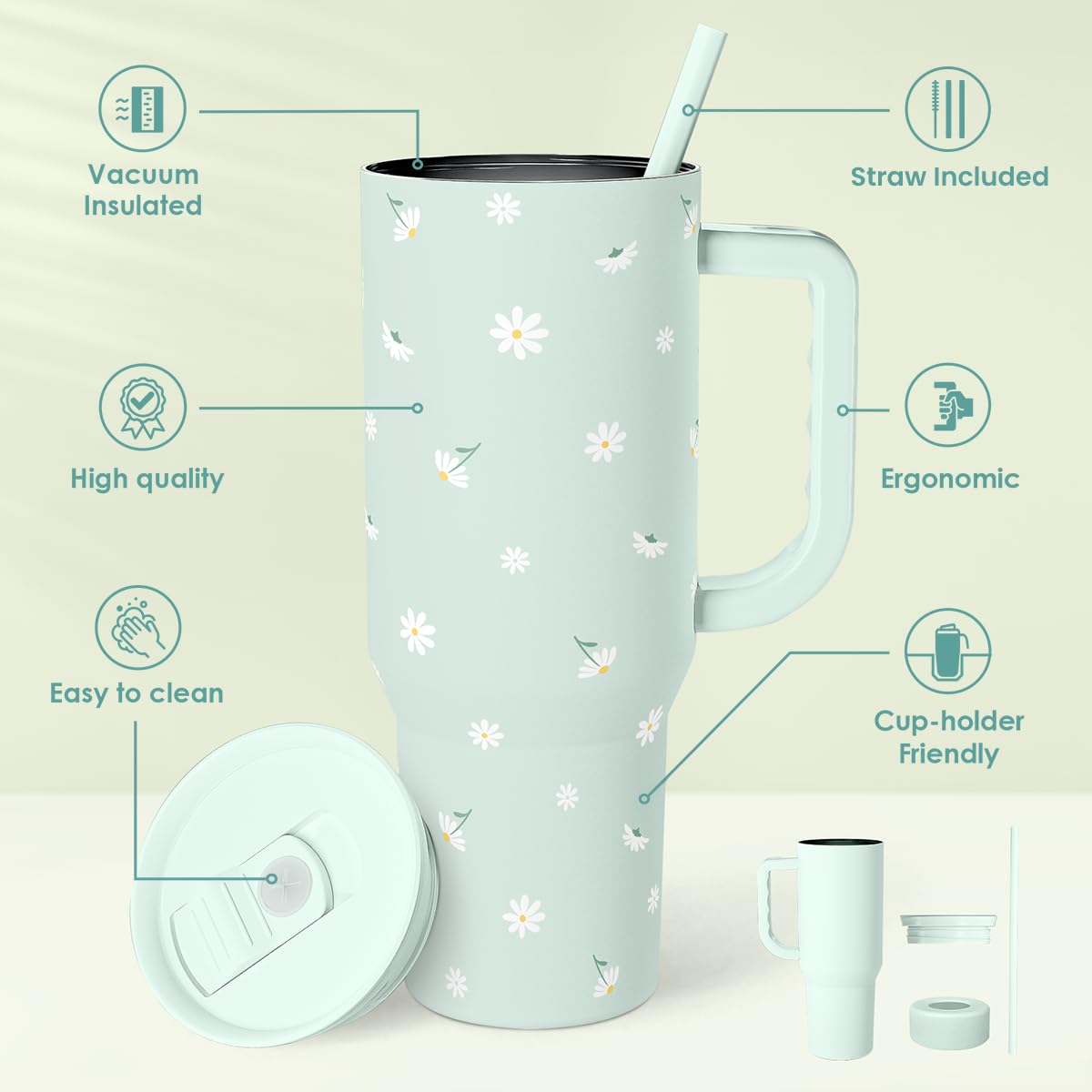 Daisy 40oz Tumbler with Handle and Straw - Flower Insulated Stainless Steel Travel Coffee Mug for Women Girls - Gift Idea for Bi