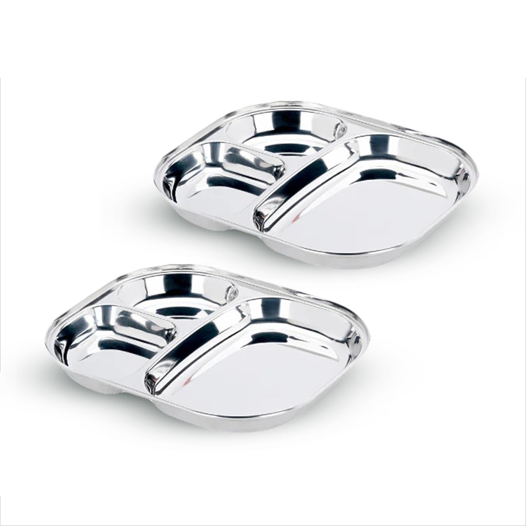 Vinod Brand Stainless Steel 3Compartment Plate/Heavy Guage Pav Bhaji Plate/Idli Sambhar Breakfast Plate/Stainless Steel Plates 