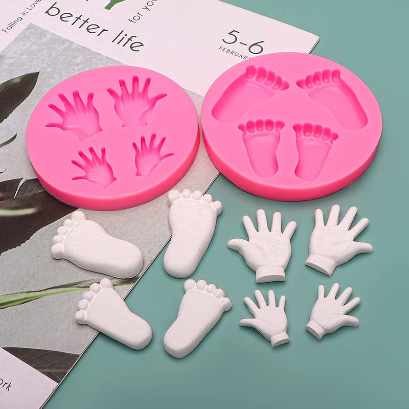 2Pcs 3D Baby Feet Hands Silicone Molds For Christening Baby Shower Fondant Candy Making Tools Baby Foot Print Chocolate Mold Des