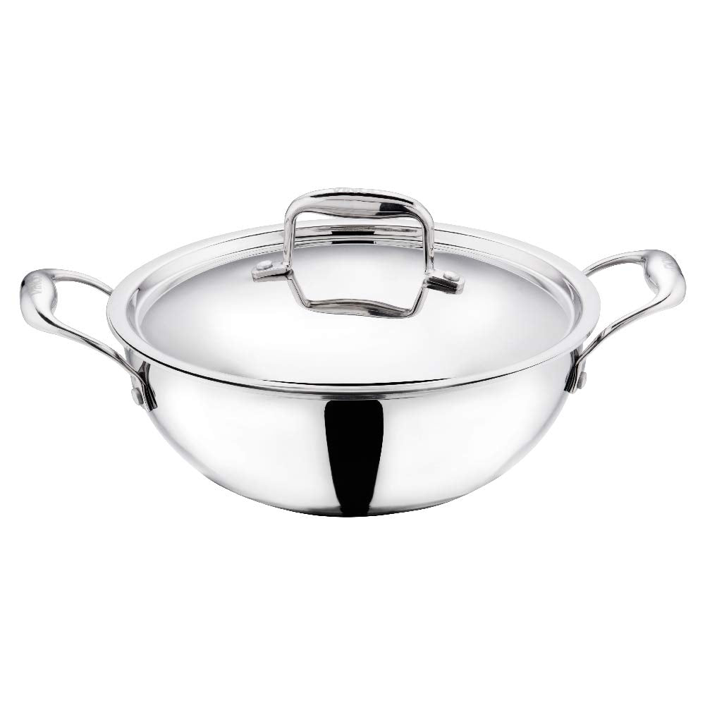 Vinod Stainless Steel Triply Kadhai With Lid, 3.2 Litres, Metallic