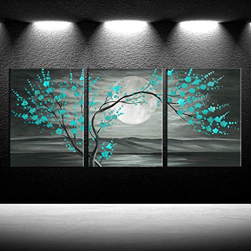Iknow Foto 3Pcs Grey And Teal Floral Canvas Prints Framed Plum Blossom Tree Oil Painting Printed On Canvas Gallery Wrapped Full