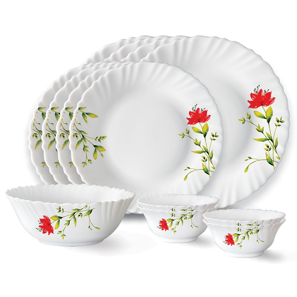 Larah By Borosil Oriental Fluted Series Opalware Dinner Set | 13 Pieces For Family Of 4 | Microwave & Dishwasher Safe | BoneAsh