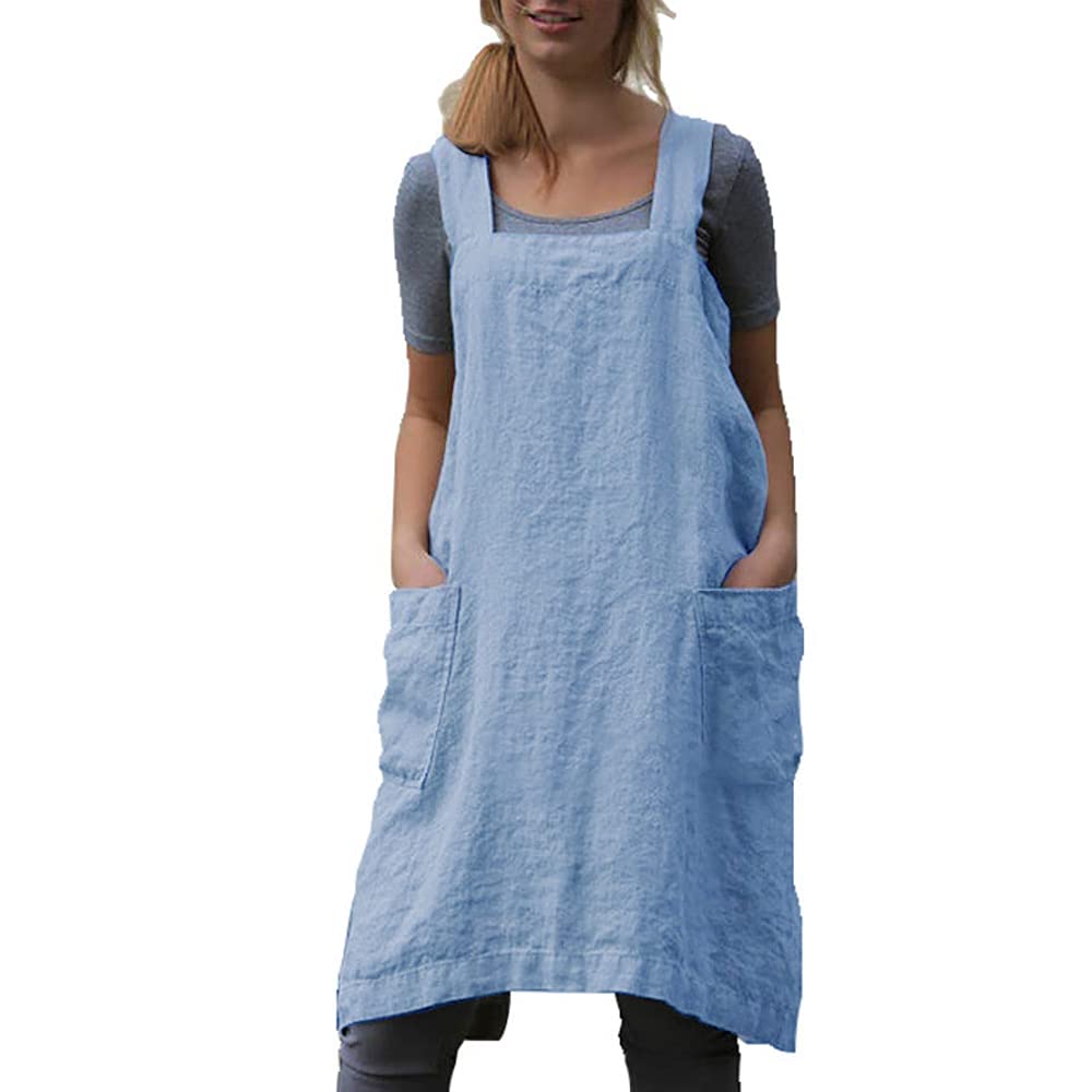 Yesdood Cotton Linen Apron Cross Back Apron For Women With Pockets Pinafore Dress For Baking Cooking Baby Blue