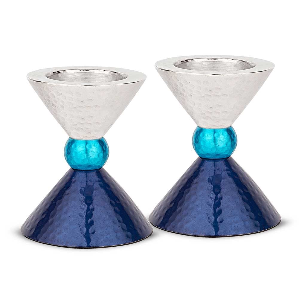 Zion Judaica Modern Tealight Candles or Thick Tapered Shabbat Candlestick Holders Set - Anodized Metal Blue Tones & Silver Candl