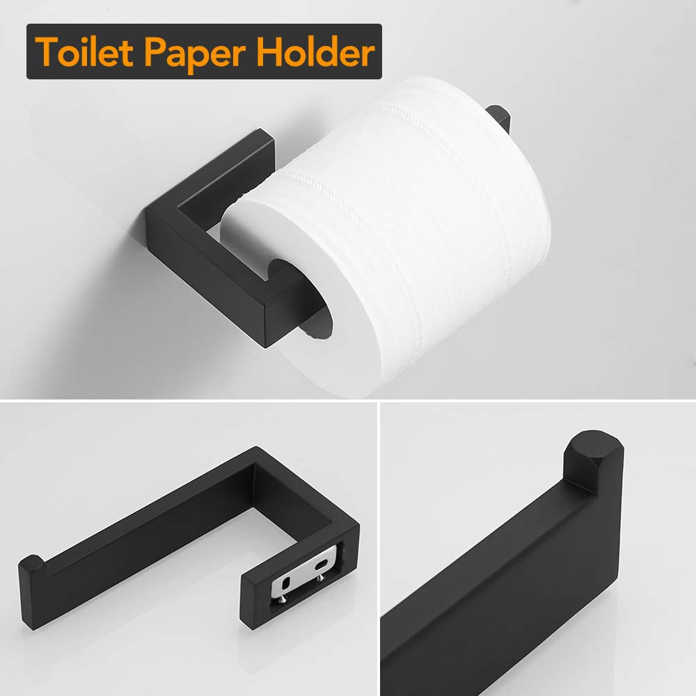 BESy 4 Piece Bathroom Accessories Set (23.6'' Towel Bar  Hand Towel Holder Towel Rack  Toilet Paper Holder  Double Towel Hooks)  Wall Mounted Bath Hardware Fixtures Set  Stainless Steel/Matte Black