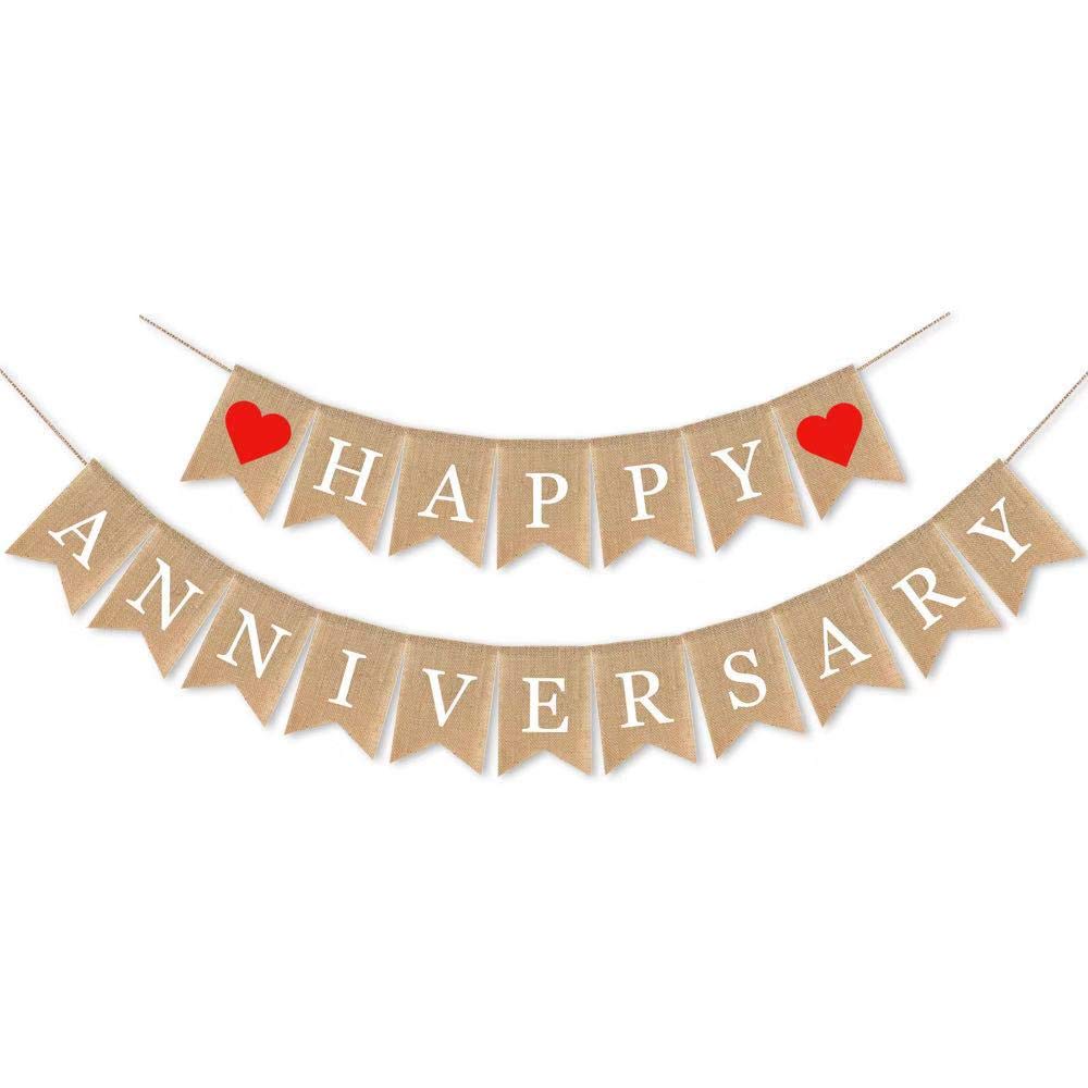 Swyoun Burlap Happy Anniversary Banner Party Bunting Garland Wedding Decoration Supplies
